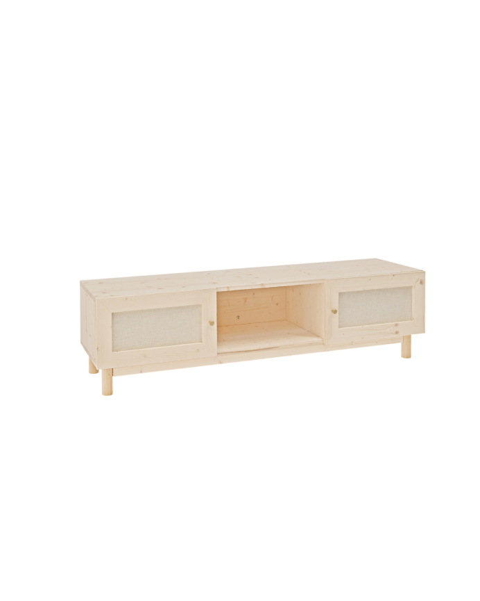 Pals - Mueble de TV de madera maciza y tejido de lino de 2 puertas en tono natural de 150x40cm