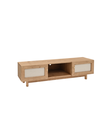 Pals - Mueble de TV de madera maciza y tejido de lino de 2 puertas en tono roble oscuro de 150x40cm