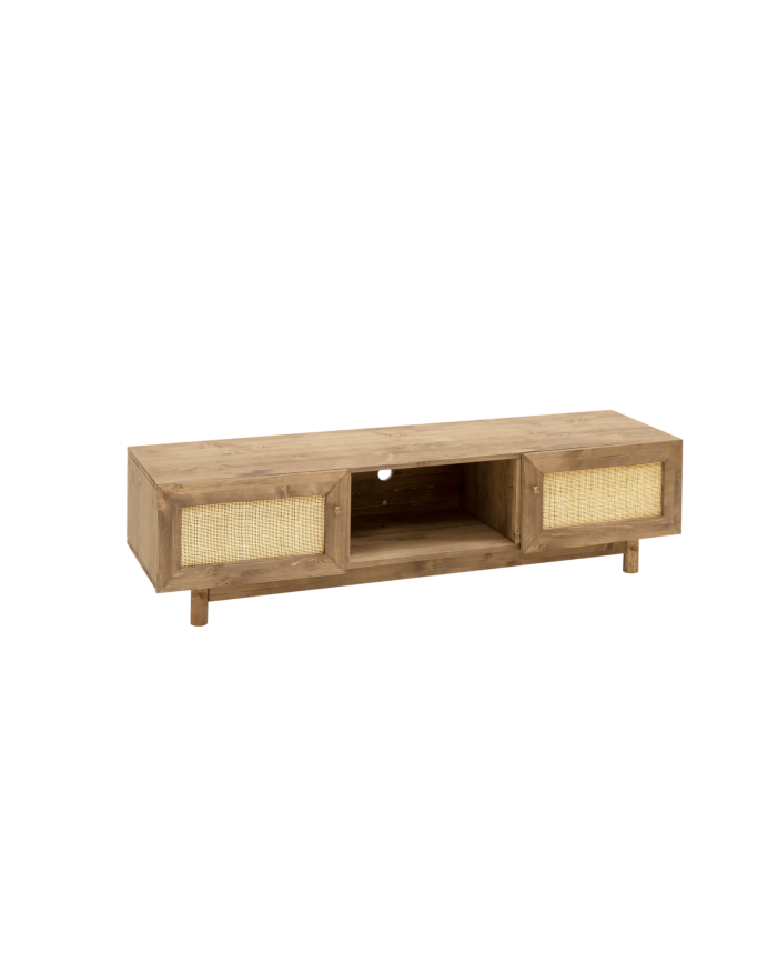 Begur - Mueble de TV de madera maciza y rafia de 2 puertas en tono roble oscuro de 150x40cm