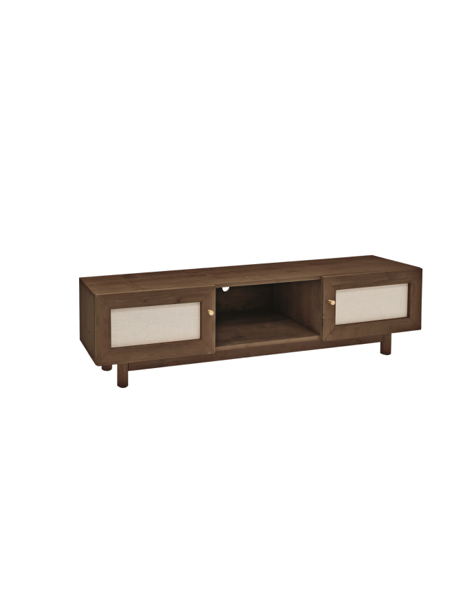 Pals - Mueble de TV de madera maciza y tejido de lino de 2 puertas en tono nogal de 150x40cm