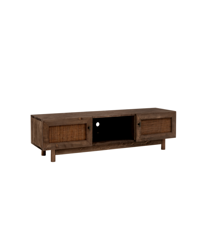 Cadaqués - Mueble de TV de madera maciza y tejido de rafia de 2 puertas en tono nogal de 150x40cm