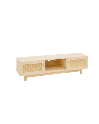 Begur - Mueble de TV de madera maciza y rafia de 2 puertas en tono natural de 150x40cm