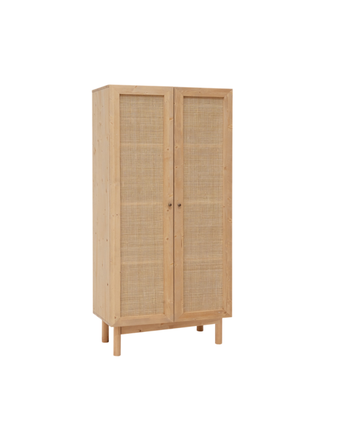 Begur - Armario de madera maciza y rafia en tono roble medio 180x80cm