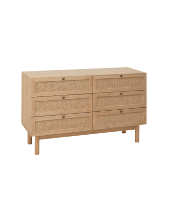 Begur - Cómoda de madera maciza y rafia 6 cajones en tono roble medio 120x76cm