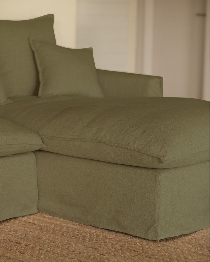 Marlon - Sofá con chaise longue derecho de algodón y lino desenfundable color verde varias medidas