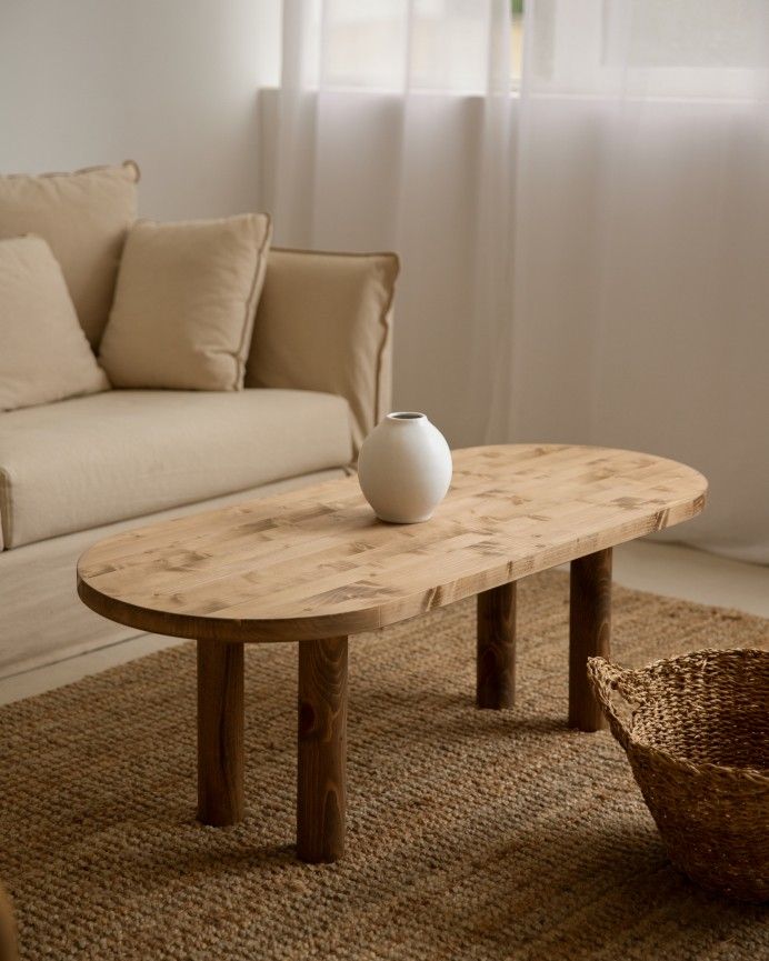 Almuñécar - Mesa de centro ovalada de madera maciza en tono roble oscuro de 40x120cm