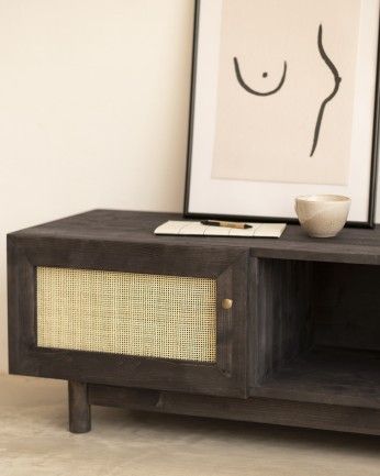 Begur - Mueble de TV de madera maciza y rafia de 2 puertas en tono negro de 150x40cm