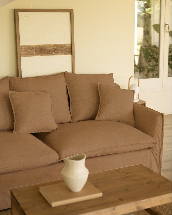 Marlon - Sofá con chaise longue izquierdo de algodón y lino desenfundable color teja varias medidas