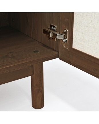 Pals - Mueble de TV de madera maciza y tejido de lino de 2 puertas en tono nogal de 150x40cm