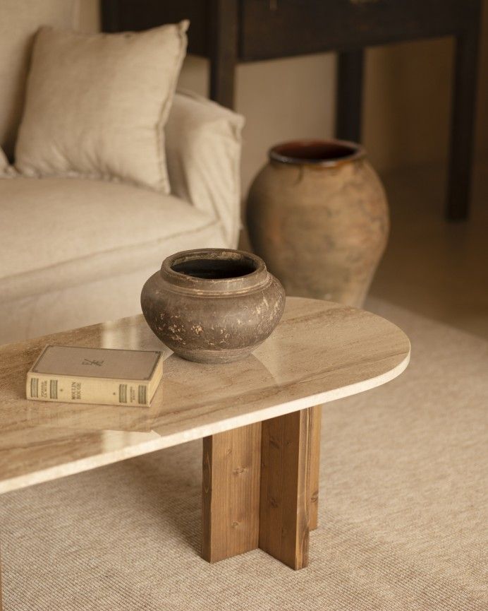 Mesa de centro Florencia de Mármol Daino Reale y Patas Madera 