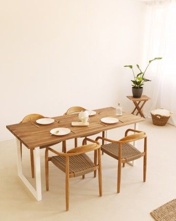 Marrakesch - Mesa de comedor de madera maciza acabado roble oscuro con patas de hierro blancas de varias medidas