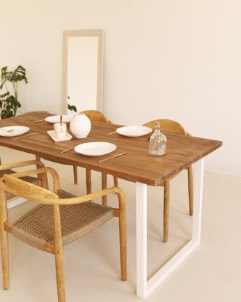 Marrakesch - Mesa de comedor de madera maciza acabado roble oscuro con patas de hierro blancas de varias medidas