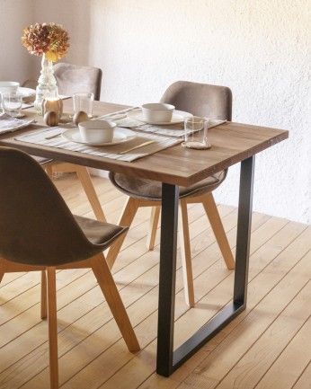 Marrakesch - Mesa de comedor de madera maciza acabado roble oscuro con patas de hierro negras de varias medidas