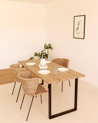 Marrakesch - Mesa de comedor de madera maciza acabado roble medio con patas de hierro negras de varias medidas