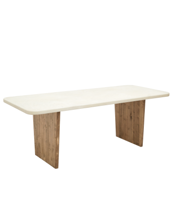 Haruto - Mesa de comedor de microcemento tono blanco roto con patas de madera tono roble oscuro de varias medidas