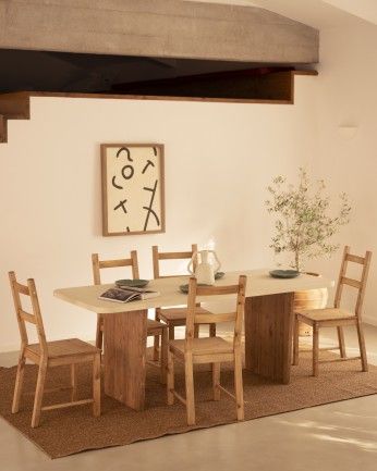 Haruto - Mesa de comedor de microcemento tono blanco roto con patas de madera tono roble oscuro de varias medidas