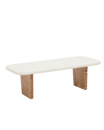 Haruto - Mesa de centro de microcemento con dos patas de madera tono roble oscuro de 95cm