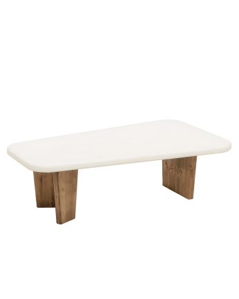 Haruto - Mesa de centro de microcemento con tres patas de madera tono roble oscuro de 100cm