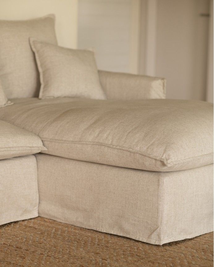 Marlon - Funda para sofá con chaise longue derecho de algodón y lino color beige de varias medidas