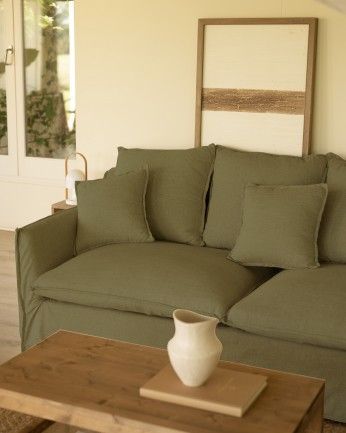 Marlon - Funda para sofá con chaise longue derecho de algodón y lino color verde de varias medidas