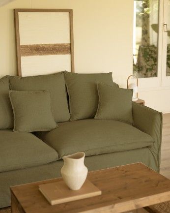 Marlon - Funda para sofá con chaise longue izquierdo de algodón y lino color verde de varias medidas