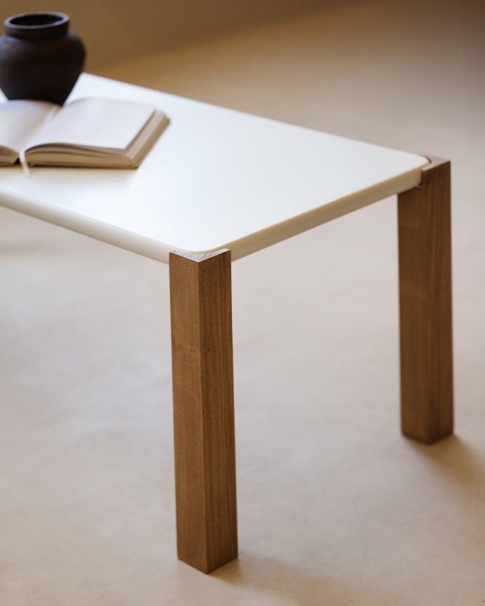 Irina - Mesa de centro rectangular de madera DM tono blanco roto de 120x50cm
