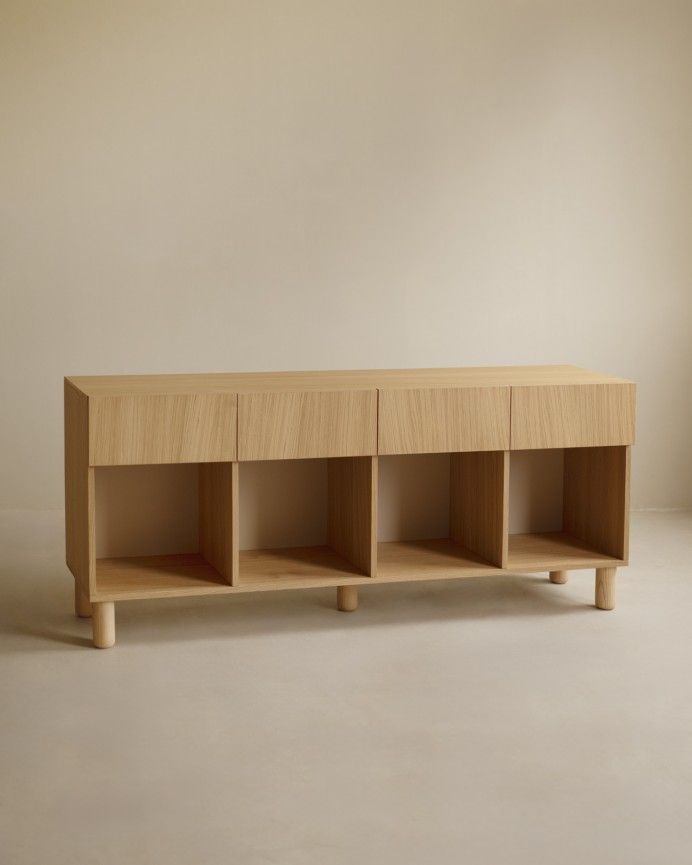 Aarón - Aparador con 4 cajones de madera de chapa de roble natural de 176x40cm