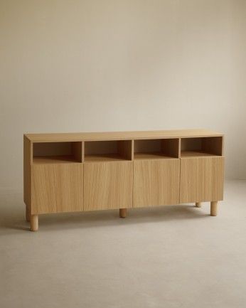 Aarón - Aparador con 4 puertas de madera de chapa de roble natural de 176x40cm