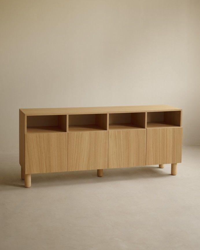 Aarón - Aparador con 4 puertas de madera de chapa de roble natural de 176x40cm