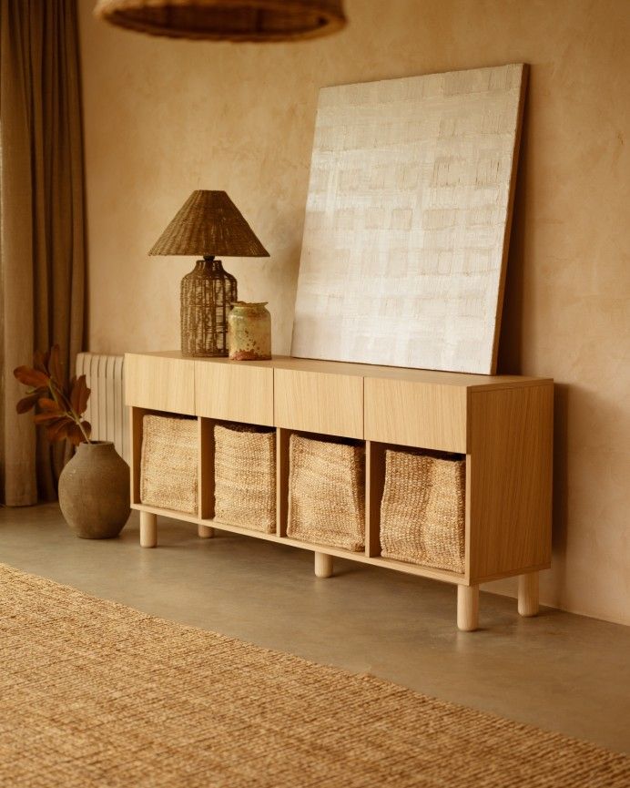 Aarón - Aparador con 4 cajones de madera de chapa de roble natural de 176x40cm