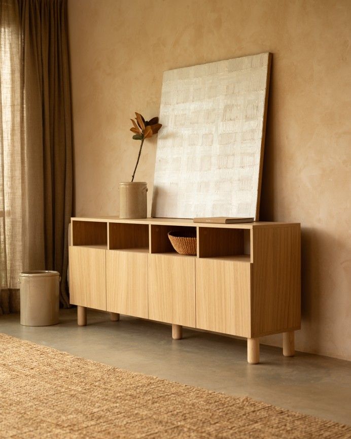 Aarón - Aparador con 4 puertas de madera de chapa de roble natural de 176x40cm