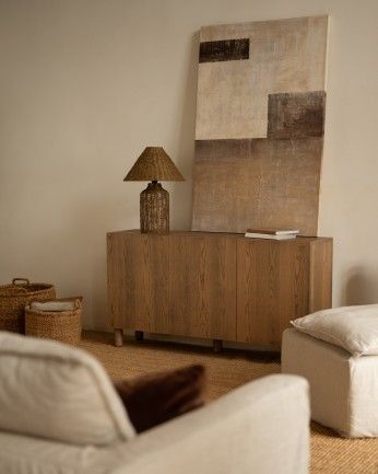 Arena - Aparador con 3 puertas de madera de chapa de fresno natural en tono avellana de 160x40cm