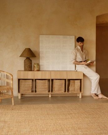 Aarón - Aparador con 4 cajones de madera de chapa de roble natural de 176x40cm