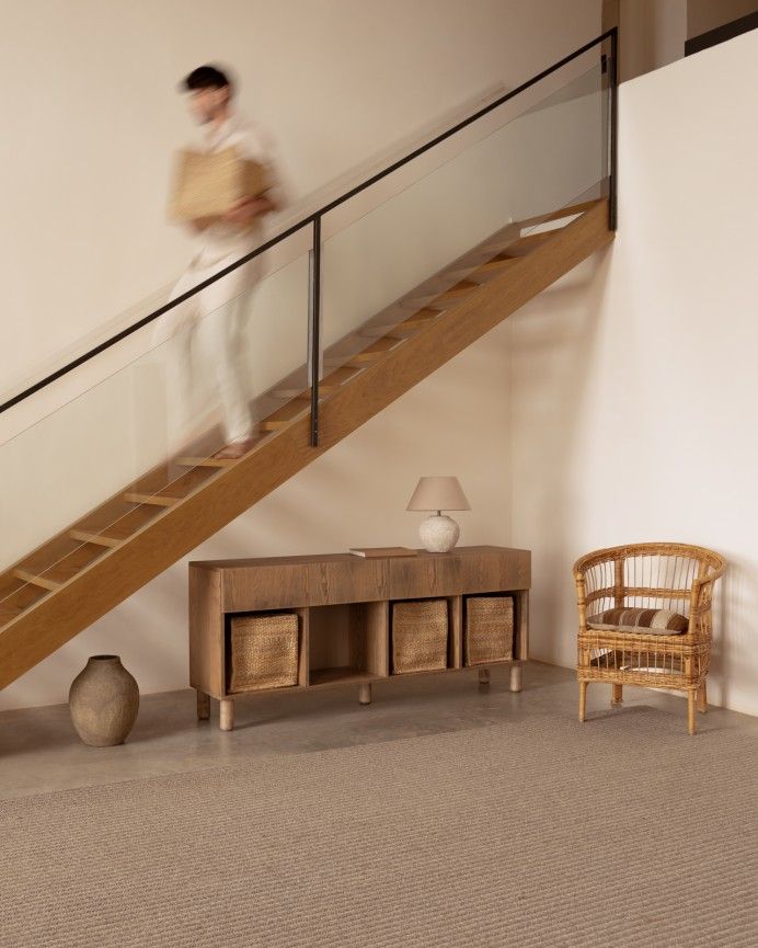 Arena - Aparador con 4 cajones de madera de chapa de fresno natural en tono avellana de 176x40cm