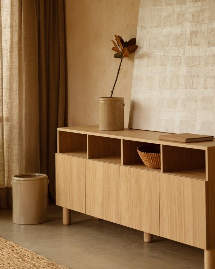 Aarón - Aparador con 4 puertas de madera de chapa de roble natural de 176x40cm