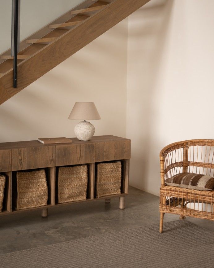 Arena - Aparador con 4 cajones de madera de chapa de fresno natural en tono avellana de 176x40cm
