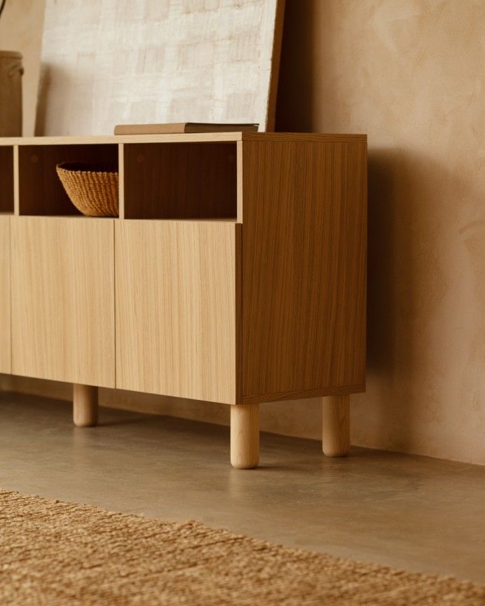 Aarón - Aparador con 4 puertas de madera de chapa de roble natural de 176x40cm