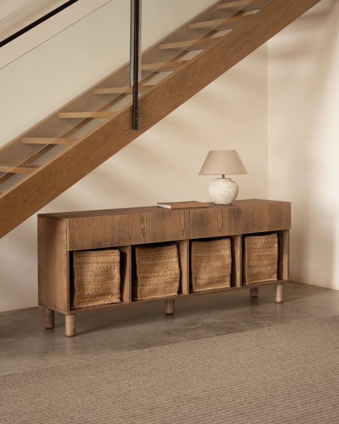 Arena - Aparador con 4 cajones de madera de chapa de fresno natural en tono avellana de 176x40cm