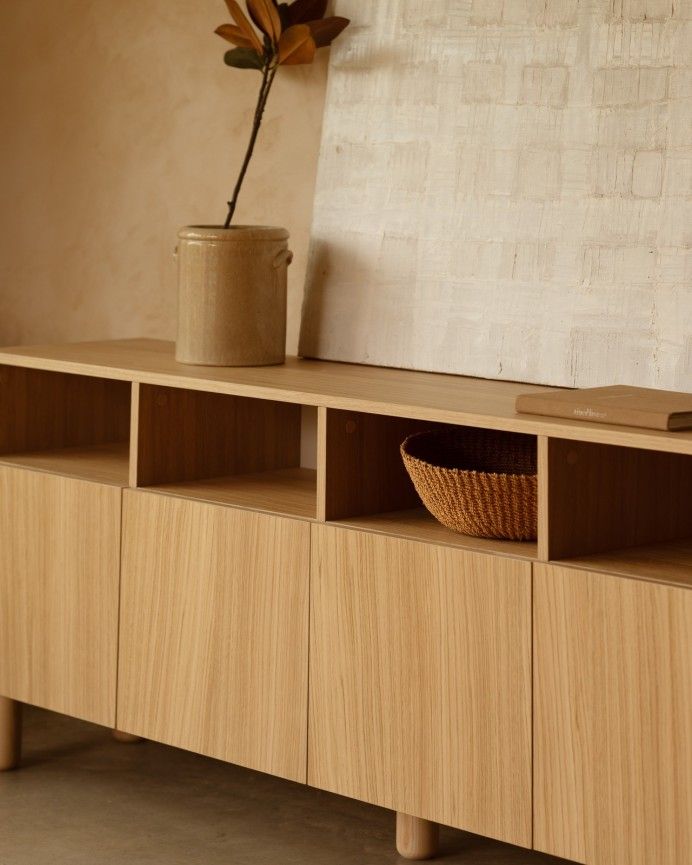 Aarón - Aparador con 4 puertas de madera de chapa de roble natural de 176x40cm