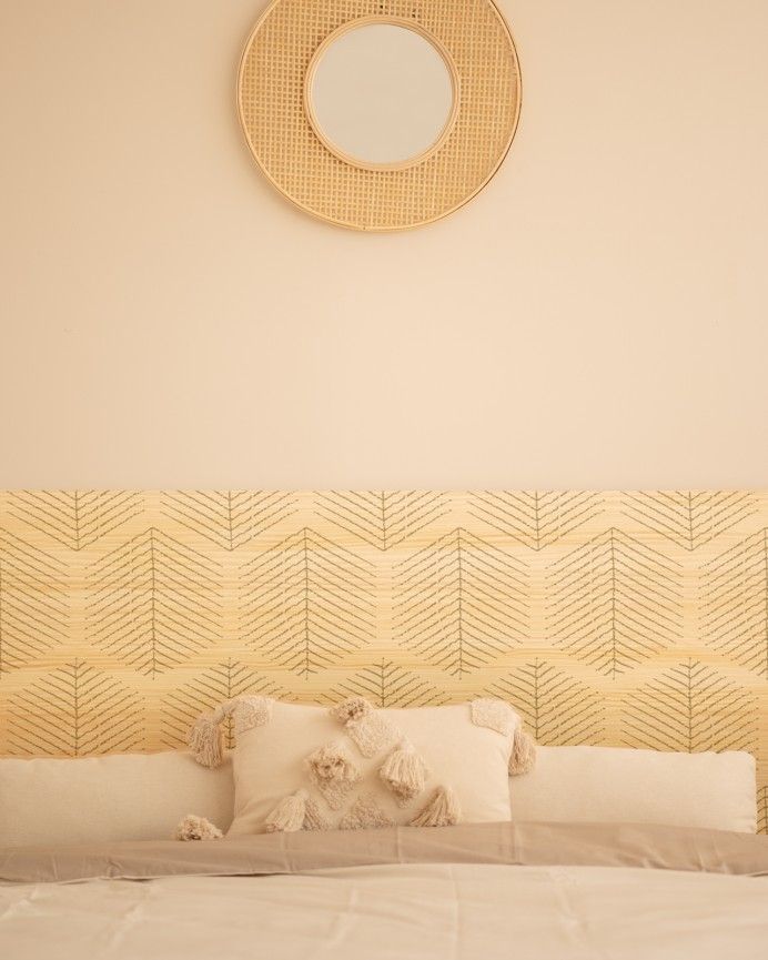 Pritn - Cabecero de madera maciza estampado motivo Hojas hexagonales I en tono natural de varias medidas