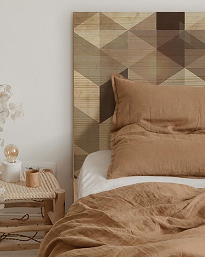 Print - Cabecero de madera maciza estampado motivo 'Geométrico marrón" en tono natural de varias medidas 