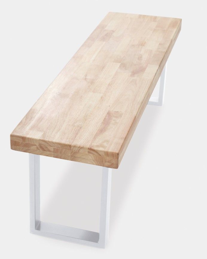 Momma - Banco de madera maciza tono natural con patas de hierro blancas de 47x120cm