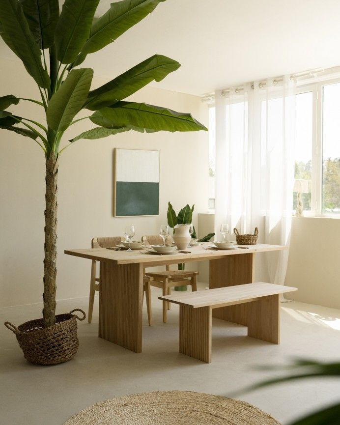 Nielo - Mesa de comedor barnizada de madera maciza en tono natural de varias medidas
