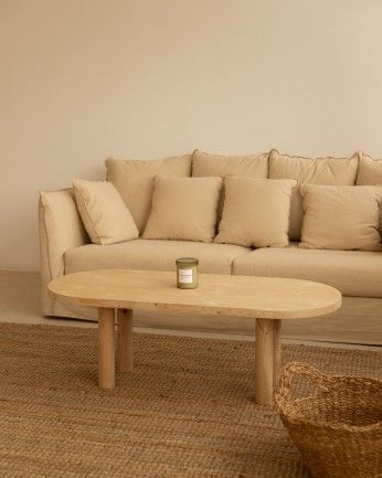 Almuñécar - Mesa de centro ovalada de madera maciza en tono roble medio de 40x120cm