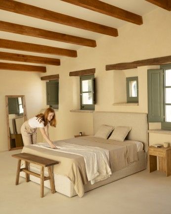 Marlon - Funda para cama con canapé desenfundable de lino beige para colchón de varias medidas