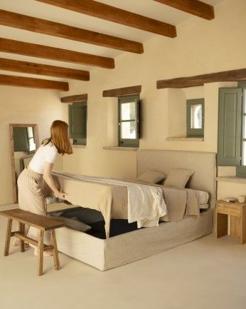 Marlon - Funda para cama con canapé desenfundable de lino beige para colchón de varias medidas