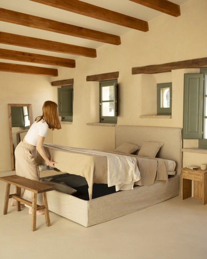 Marlon - Funda para cama con canapé desenfundable de lino beige para colchón de varias medidas