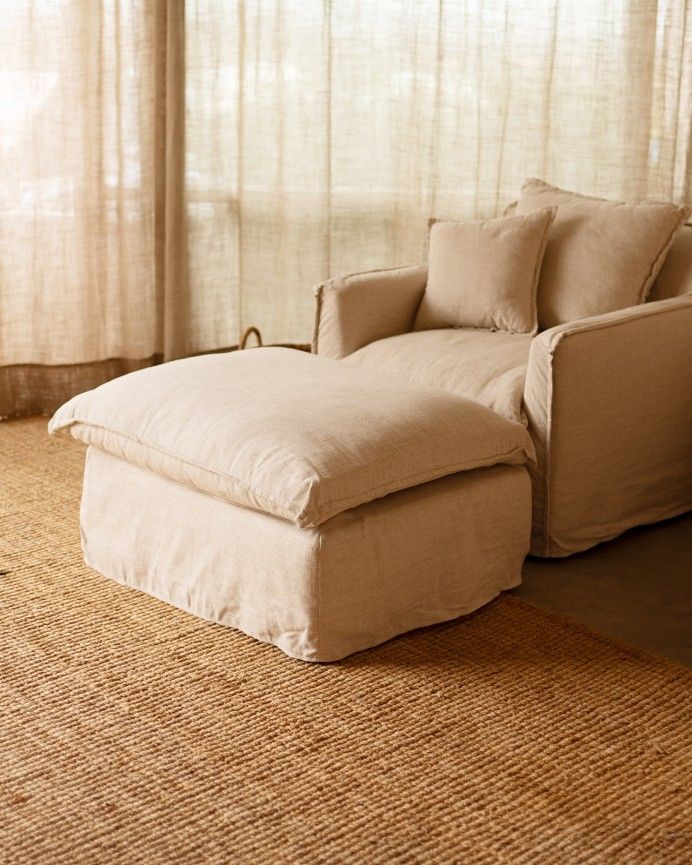 Marlon - Funda de puf de algodón y lino desenfundable tono beige de 92x72cm