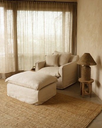 Marlon - Funda de puf de algodón y lino desenfundable tono beige de 92x72cm