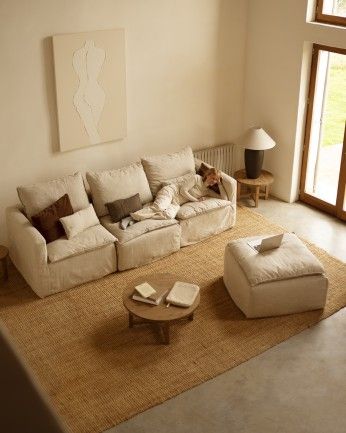 Nam - Funda de puf de algodón y lino desenfundable tono beige de 87x87cm